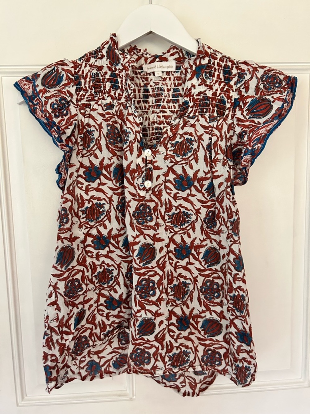 House of Harlow 1960 White Blouse with Blue & Rust Floral Print